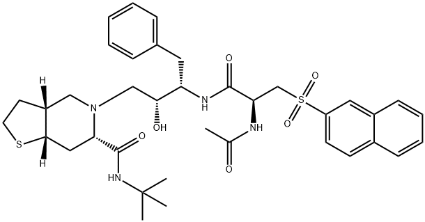 (1S,3S,6R)-4-[(2R,3S)-3-[[(2S)-2-acetamido-3-naphthalen-2-ylsulfonyl-p ropanoyl]amino]-2-hydroxy-4-phenyl-butyl]-N-tert-butyl-9-thia-4-azabic yclo[4.3.0]nonane-3-carboxamide Structure