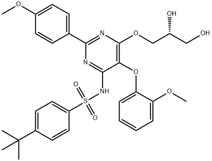 N-[2-(4-メトキシフェニル)-5-(2-メトキシフェノキシ)-6-[(R)-2,3-ジヒドロキシプロポキシ]ピリミジン-4-イル]-4-(tert-ブチル)ベンゼンスルホンアミド 化学構造式