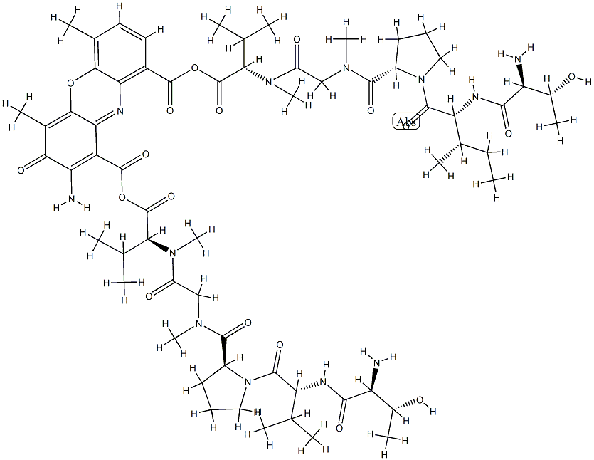 アクチノシンジオイル(L-Thr-D-Val-L-Pro-N-メチルGly-N-メチル-L-Val-OH)(L-Thr-D-aIle-L-Pro-N-メチルGly-N-メチル-L-Val-OH) 化学構造式
