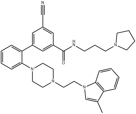 N-(3-ピロリジノプロピル)-3-シアノ-5-[2-[4-[2-(3-メチル-1H-インドール-1-イル)エチル]ピペラジノ]フェニル]ベンズアミド 化学構造式