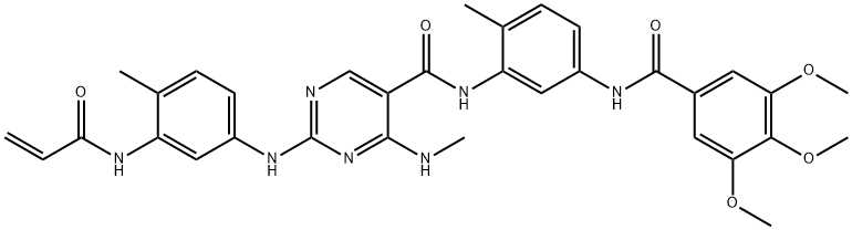 2-{[4-メチル-3-(プロパ-2-エンアミド)フェニル]アミノ}-N-[2-メチル-5-(3,4,5-トリメトキシベンズアミド)フェニル]-4-(メチルアミノ)ピリミジン-5-カルボキサミド 化学構造式