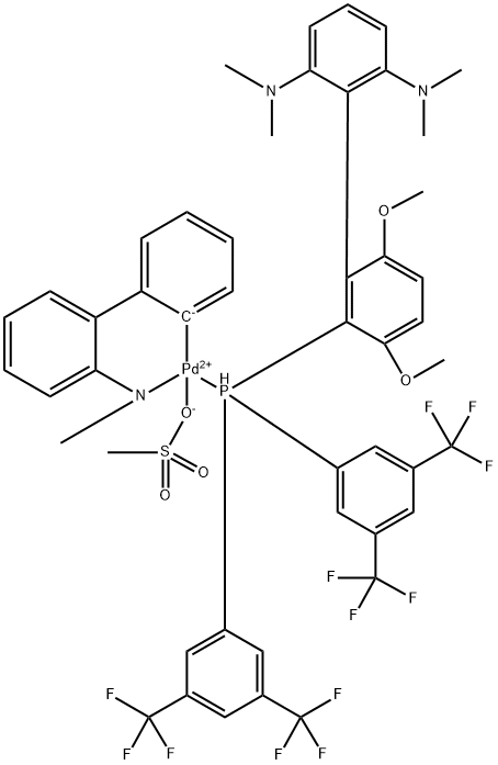 Methanesulfonato(2-bis(3,5-di(trifluoromethyl)phenylphosphino)-3,6-dimethoxy-2',6'-bis(dimethylamino)-1,1'-biphenyl )(2'-methylamino-1,1'-biphenyl-2-yl)palladium(II) Structure