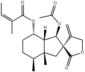 (1'R,3R,7'aβ)-1'β-アセトキシ-3'aβ,4'β-ジメチル-4-メチレン-7'α-[[(2Z)-2-メチル-2-ブテノイル]オキシ]スピロ[オキソラン-3,2'-ヒドリンダン]-2-オン 化学構造式