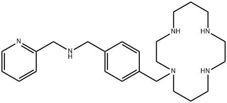 N-[[4-(1,4,8,11-テトラアザシクロテトラデカ-1-イルメチル)フェニル]メチル]-2-ピリミジンメタンアミン 化学構造式