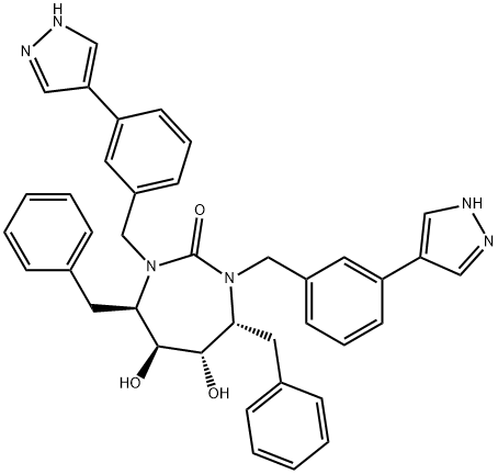 (4R,5S,6S,7R)-4,7-ジベンジル-5,6-ジヒドロキシ-1,3-ビス({[3-(1H-ピラゾール-4-イル)フェニル]メチル})-1,3-ジアゼパン-2-オン 化学構造式