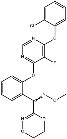 (Z)-[(2-{[6-(2-クロロフェノキシ)-5-フルオロピリミジン-4-イル]オキシ}フェニル)(5,6-ジヒドロ-1,4,2-ジオキサジン-3-イル)メチリデン](メトキシ)アミン 化学構造式