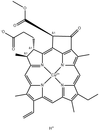 hydrogen [3S-(3alpha,4beta,21beta)]-[14-ethyl-21-(methoxycarbonyl)-4,8,13,18-tetramethyl-20-oxo-9-vinylphorbine-3-propionato(3-)-N23,N24,N25,N26]cuprate(1-) 结构式