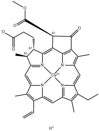 19426-70-1 hydrogen [3S-(3alpha,4beta,21beta)]-[14-ethyl-21-(methoxycarbonyl)-4,8,13,18-tetramethyl-20-oxo-9-vinylphorbine-3-propionato(3-)-N23,N24,N25,N26]cuprate(1-)