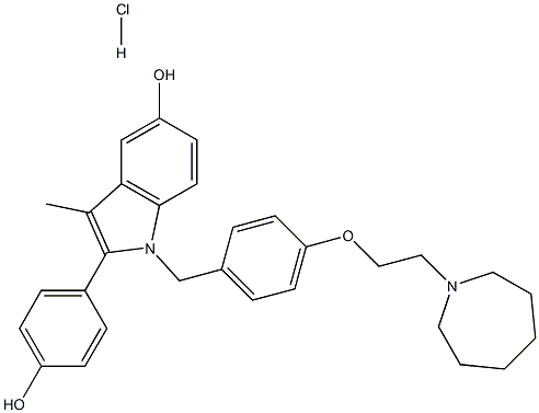 1H-Indol-5-ol, 1-[[4-[2-(hexahydro-1H-azepin-1-yl)ethoxy]phenyl]methyl]-2-(4-hydroxyphenyl)-3-methyl-, hydrochloride (1:1) Struktur