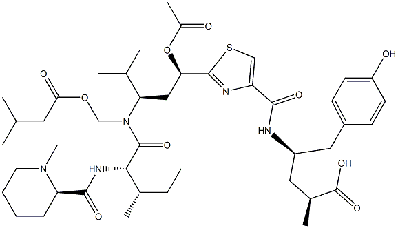 4-({2-[1-(アセチルオキシ)-4-メチル-3-(3-メチル-N-{[(3-メチルブタノイル)オキシ]メチル}-2-[(1-メチルピペリジン-2-イル)ホルムアミド]ペンタンアミド)ペンチル]-1,3-チアゾール-4-イル}ホルムアミド)-5-(4-ヒドロキシフェニル)-2-メチルペンタン酸