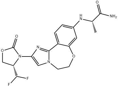 2-({4-[4-(ジフルオロメチル)-2-オキソ-1,3-オキサゾリジン-3-イル]-9-オキサ-3,6-ジアザトリシクロ[8.4.0.02,6]テトラデカ-1(14),2,4,10,12-ペンタエン-12-イル}アミノ)プロパンアミド 化学構造式