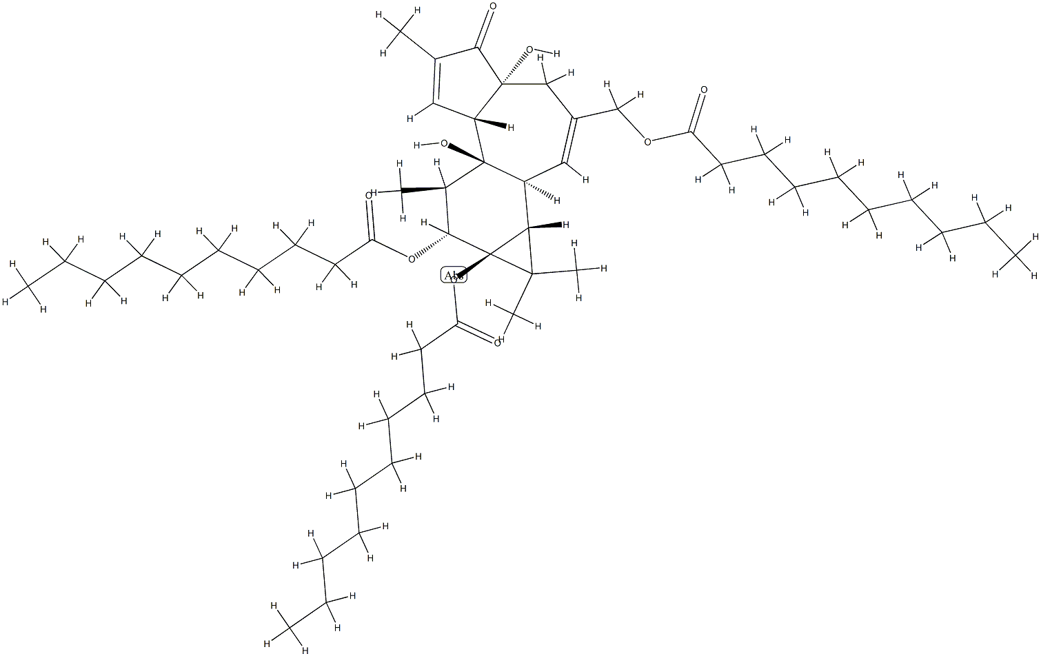 ビスデカン酸(1aR)-1aα,1bβ,4,4a,5,7aα,7b,8,9,9a-デカヒドロ-3-(デカノイルオキシ)メチル-4aβ,7bα-ジヒドロキシ-1,1,6,8α-テトラメチル-5-オキソ-1H-シクロプロパ[3,4]ベンゾ[1,2-e]アズレン-9β,9aα-ジイル 化学構造式