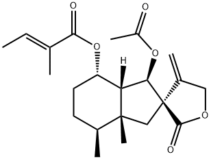(E)-2-メチル-2-ブテン酸[(3R)-3'α-アセトキシ-1',3',3'aα,4,4',5,5',6',7',7'a-デカヒドロ-7'α,7'aα-ジメチル-4-メチレン-2-オキソスピロ[フラン-3(2H),2'-[2H]インデン]-4'β-イル] 化学構造式