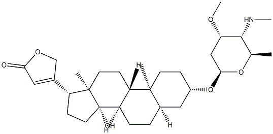 14-ヒドロキシ-3β-[[3-O-メチル-4-(メチルアミノ)-2,4,6-トリデオキシ-β-D-ribo-ヘキソピラノシル]オキシ]-5β,14β-カルダ-20(22)-エノリド 化学構造式
