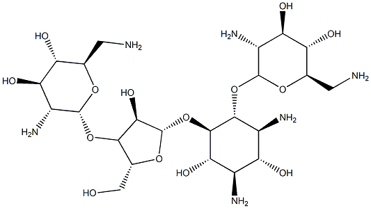 4-O-(2,6-ジアミノ-2,6-ジデオキシ-α-D-グルコピラノシル)-5-O-[3-O-(2,6-ジアミノ-2,6-ジデオキシ-α-D-グルコピラノシル)-β-D-リボフラノシル]-D-ストレプタミン 化学構造式