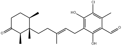 (+)-3-Chloro-4,6-dihydroxy-2-methyl-5-[(2E)-3-methyl-5-[(1S)-1,2β,6β-trimethyl-3-oxocyclohexane-1α-yl]-2-pentenyl]benzaldehyde 结构式