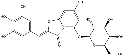 2-[(Z)-(3,4,5-トリヒドロキシフェニル)メチレン]-4-(β-D-グルコピラノシルオキシ)-6-ヒドロキシベンゾフラン-3(2H)-オン 化学構造式