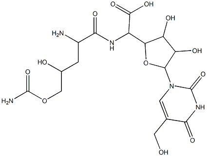 5-[[2-アミノ-5-O-(アミノカルボニル)-2,3-ジデオキシ-L-erythro-ペントノイル]アミノ]-1,5-ジデオキシ-1-[3,4-ジヒドロ-5-(ヒドロキシメチル)-2,4-ジオキソピリミジン-1(2H)-イル]-β-D-アロフラヌロン酸 化学構造式