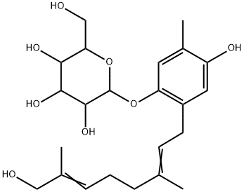 4-ヒドロキシ-2-[(2E,6Z)-8-ヒドロキシ-3,7-ジメチル-2,6-オクタジエニル]-5-メチルフェニルβ-D-グルコピラノシド 化学構造式