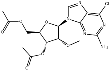 2-Amino-6-chloro-9-(3,5-di-O-acetyl-2-O-methyl-β-D-ribofuranosyl)-9H-purine 化学構造式