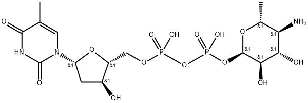 Thymidine 5'-(trihydrogen diphosphate) P'-(4-amino-4,6-dideoxy-alpha-D-glucopyranosyl) ester Struktur