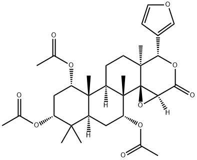 (13α,17aα)-1α,3α,7α-Triacetoxy-14β,15β:21,23-diepoxy-4,4,8-trimethyl-D-homo-24-nor-17-oxa-5α-chola-20,22-dien-16-one 结构式
