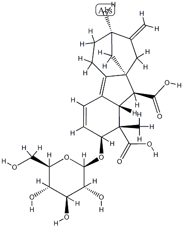2β-(β-D-グルコピラノシルオキシ)-7-ヒドロキシ-1-メチル-8-メチレンギバ-3,4a-ジエン-1α,10β-ジカルボン酸 化学構造式