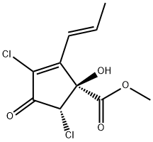 (1S)-3,5β-ジクロロ-1α-ヒドロキシ-4-オキソ-2-[(E)-1-プロペニル]-2-シクロペンテン-1-カルボン酸メチル 化学構造式