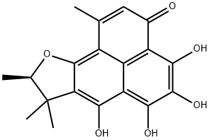 (R)-8,9-ジヒドロ-4,5,6,7-テトラヒドロキシ-1,8,8,9-テトラメチル-3H-フェナレノ[1,2-b]フラン-3-オン 化学構造式