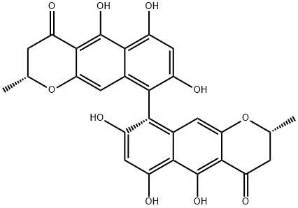 2,2',3,3'-テトラヒドロ-5,5',6,6',8,8'-ヘキサヒドロキシ-2,2'-ジメチル-9,9'-ビ[4H-ナフト[2,3-b]ピラン]-4,4'-ジオン 化学構造式