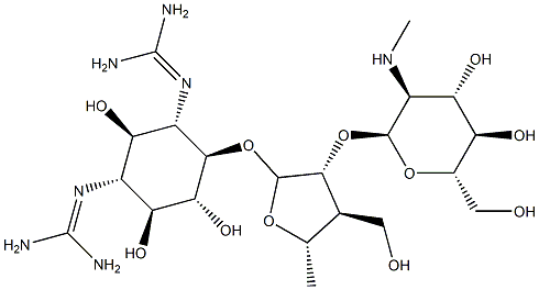 4-O-[2-O-[2-(メチルアミノ)-2-デオキシ-α-L-グルコピラノシル]-3,5-ジデオキシ-3-ヒドロキシメチル-α-L-アラビノフラノシル]-N,N'-ビス(アミノイミノメチル)-D-ストレプタミン 化学構造式