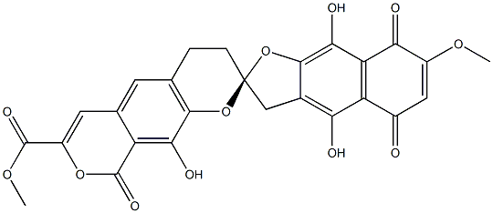 (S)-4,5',8',9-テトラヒドロ-4',9',10-トリヒドロキシ-7'-メトキシ-5',8',9-トリオキソスピロ[ベンゾ[1,2-b:5,4-c']ジピラン-2(3H),2'(3'H)-ナフト[2,3-b]フラン]-7-カルボン酸メチル 化学構造式