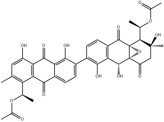 27826-91-1 (αR,α'R)-1',2',3',4'β,9,9',10,10'-Octahydro-1,3'α,8,8',9'β-pentahydroxy-4'aβ,9'aβ-oxy-1',9,10,10'-tetraoxo-α,α',3,3'-tetramethyl-7,7'-bi(4-anthracenemethanol)α,α'-diacetate