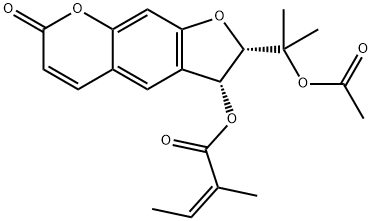 (Z)-2-Methyl-2-butenoic acid [(2S)-2α-(1-acetoxy-1-methylethyl)-2,3-dihydro-7-oxo-7H-furo[3,2-g][1]benzopyran-3α-yl] ester Structure