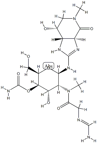 (3aS)-2-[[4-O-(Aminocarbonyl)-2-[[[(iminomethyl)amino]acetyl](methyl)amino]-2-deoxy-β-D-glucopyranosyl]amino]-1,3aβ,5,6,7,7aα-hexahydro-7β-hydroxy-5-methyl-4H-imidazo[4,5-c]pyridin-4-one Struktur