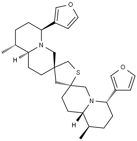 (3S,4'S,9aβ,9''aβ)-6α,6''α-Di-(3-furyl)-1,6,7,8,9,9a,1'',6'',7'',8'',9'',9a''-dodecahydro-9β,9''β-dimethyldispiro[2H-quinolizine-3(4H),2'(3'H)-thiophene-4'(5'H),3''(4''H)-[2H]quinolizine] 结构式
