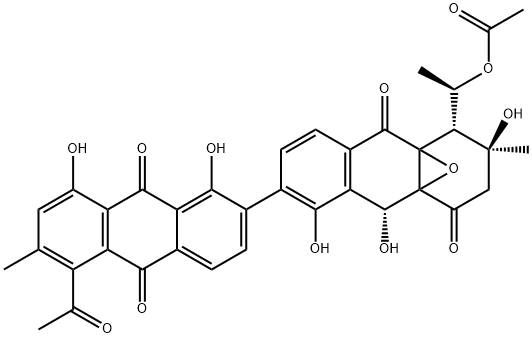 (1S)-1,2,3,4a,9a,10-Hexahydro-2β,5,10α-trihydroxy-6-[(9,10-dihydro-1,8-dihydroxy-5-acetyl-6-methyl-9,10-dioxoanthracen)-2-yl]-2-methyl-1β-[(R)-1-acetoxyethyl]-4aα,9aα-epoxyanthracene-4,9-dione Struktur