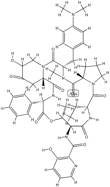N-(3-ヒドロキシピコリノイル)-シクロ[L-Thr*-D-Abu-L-Pro-4-(ジメチルアミノ)-N-メチル-L-Phe-4-オキソ-5-ヒドロキシ-L-Hpr-L-フェニルGly-] 化学構造式
