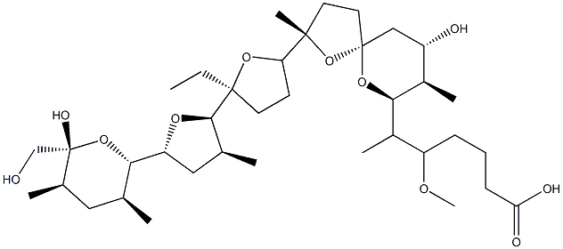 5-(5-カルボキシ-2-メトキシ-1-メチルペンチル)-5-デ(3-カルボキシ-2-メトキシ-1-メチルブチル)モネンシン 化学構造式