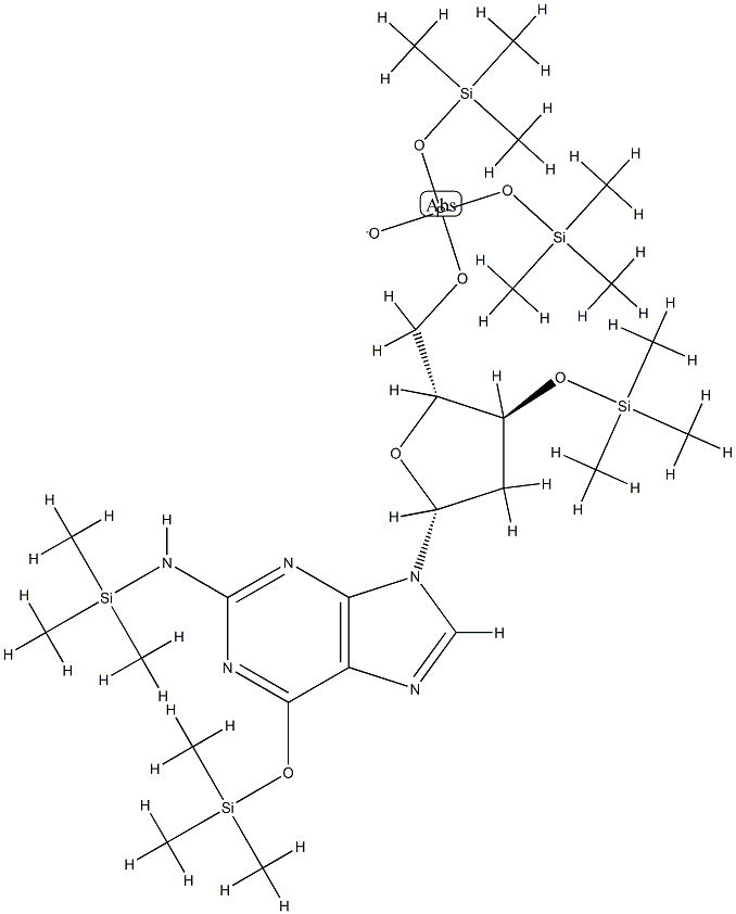 9-[3-O-(Trimethylsilyl)-5-O-[bis(trimethylsilyloxy)phosphinyl]-2-deoxy-β-D-erythro-pentofuranosyl]-6-(trimethylsilyloxy)-2-[(trimethylsilyl)amino]-9H-purine 结构式