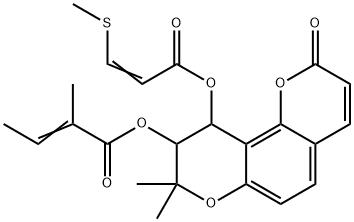 2-Methyl-2-butenoic acid [9,10-dihydro-8,8-dimethyl-10-[(3-methylthio-1-oxo-2-propenyl)oxy]-2-oxo-2H,8H-benzo[1,2-b:3,4-b']dipyran-9-yl] ester Struktur