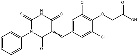 2-[2,6-dichloro-4-[(E)-(4,6-dioxo-1-phenyl-2-sulfanylidene-1,3-diazinan-5-ylidene)methyl]phenoxy]acetic acid Structure