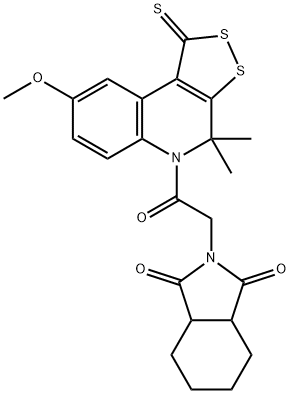 2-[2-(8-methoxy-4,4-dimethyl-1-thioxo-1,4-dihydro-5H-[1,2]dithiolo[3,4-c]quinolin-5-yl)-2-oxoethyl]hexahydro-1H-isoindole-1,3(2H)-dione Struktur