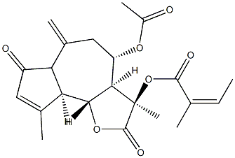 (3R)-2,3,3aβ,4,5,6,6a,7,9aβ,9bα-デカヒドロ-4β-アセチルオキシ-2,7-ジオキソ-6-メチレン-3,9-ジメチルアズレノ[4,5-b]フラン-3α-イル=(Z)-2-メチル-2-ブテノアート 化学構造式