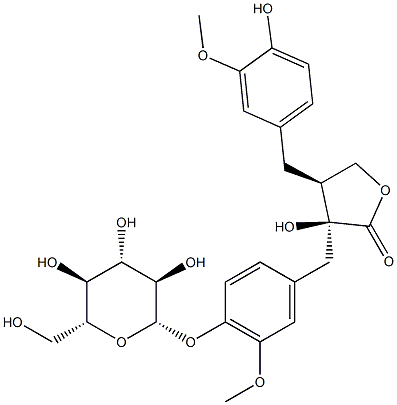 (3S)-3β-ヒドロキシ-3-[3-メトキシ-4-(β-D-グルコピラノシルオキシ)ベンジル]-4β-(3-メトキシ-4-ヒドロキシベンジル)-4,5-ジヒドロフラン-2(3H)-オン 化学構造式