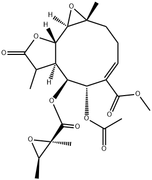 6-Acetyloxy-7-[(2,3-dimethyloxiran-2-yl)carbonyloxy]-1a,2,3,6,7,7a,8,9,10a,10b-decahydro-1a,8-dimethyl-9-oxooxireno[9,10]cyclodeca[1,2-b]furan-5-carboxylic acid methyl ester 结构式