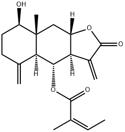 (Z)-2-メチル-2-ブテン酸[(3aR,4aα,9aβ)-ドデカヒドロ-8β-ヒドロキシ-8aβ-メチル-3,5-ビス(メチレン)-2-オキソナフト[2,3-b]フラン-4α-イル] 化学構造式