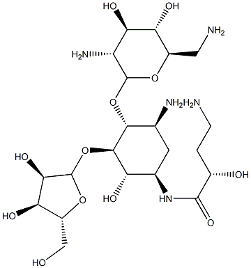 N1-[(S)-4-アミノ-2-ヒドロキシ-1-オキソブチル]-4-O-(2,6-ジアミノ-2,6-ジデオキシ-α-D-グルコピラノシル)-5-O-(β-D-リボフラノシル)-2-デオキシ-D-ストレプタミン 化学構造式