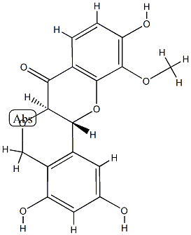 (6aR)-6aα,12aβ-ジヒドロ-2,4,10-トリヒドロキシ-11-メトキシ[2]ベンゾピラノ[4,3-b][1]ベンゾピラン-7(5H)-オン 化学構造式