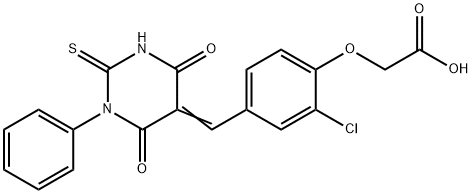 2-[2-chloro-4-[(Z)-(4,6-dioxo-1-phenyl-2-sulfanylidene-1,3-diazinan-5-ylidene)methyl]phenoxy]acetic acid Struktur
